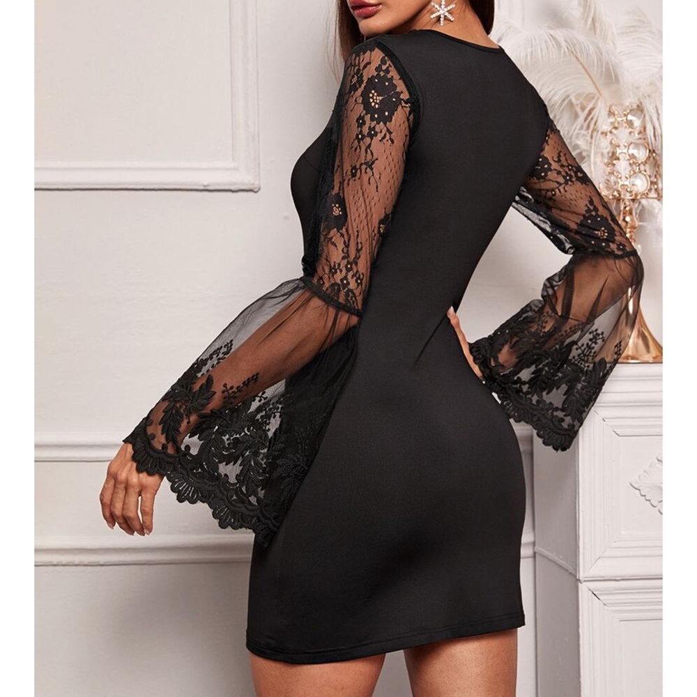 Black Mesh Lace Sleeves Bodycon Party Dress - Picture 3 of 6